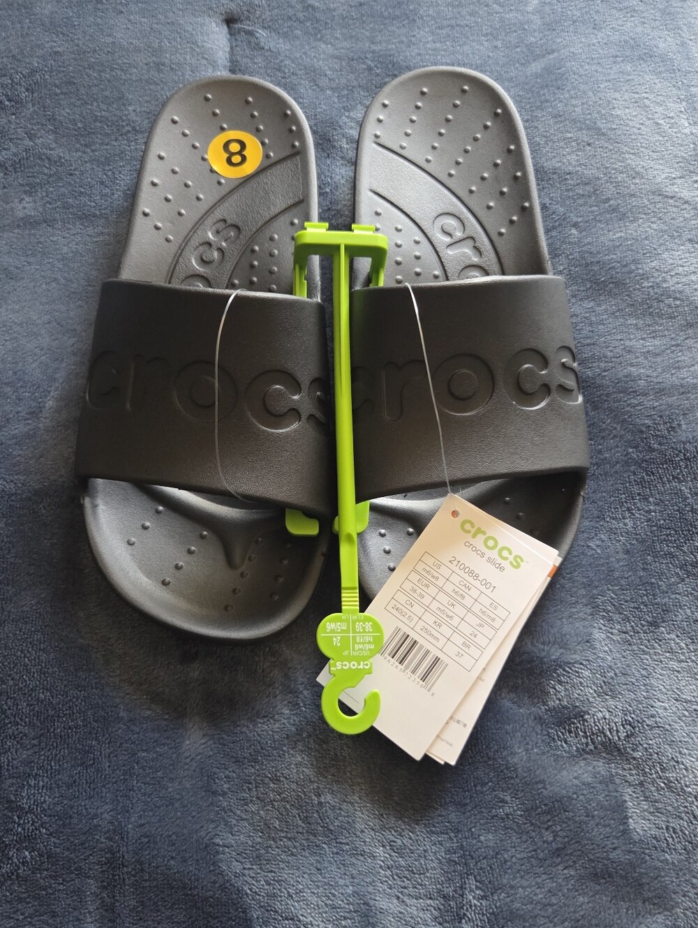 CROCS Black Slide Sandals with Lime Green Hanger